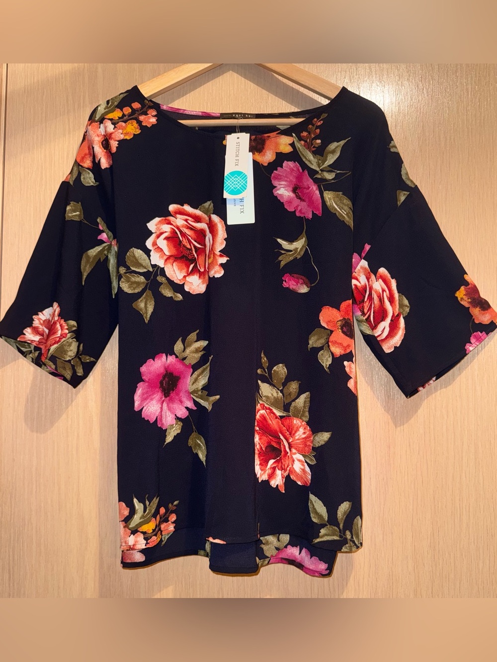 Floral Print Black Women's Top by STITCH FIX - Pink & Red Blooms